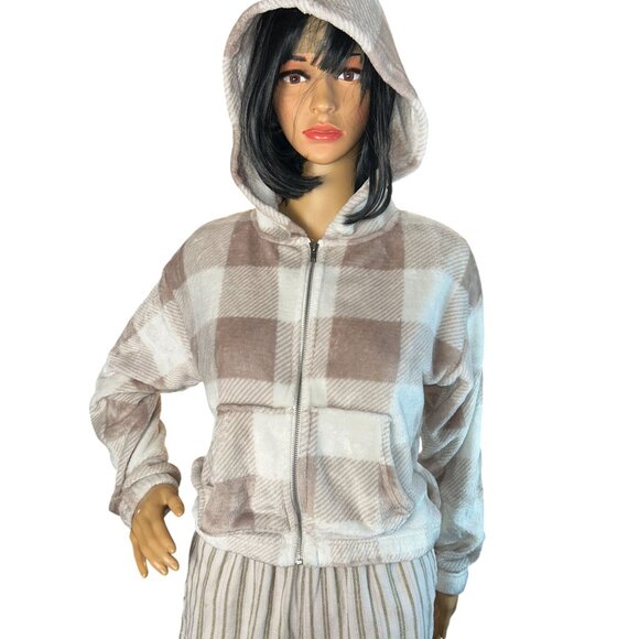 Pink Rose Womens Plush Front Zip Sleep Hoodie Size S Buffalo Check Lounge - Picture 3 of 10